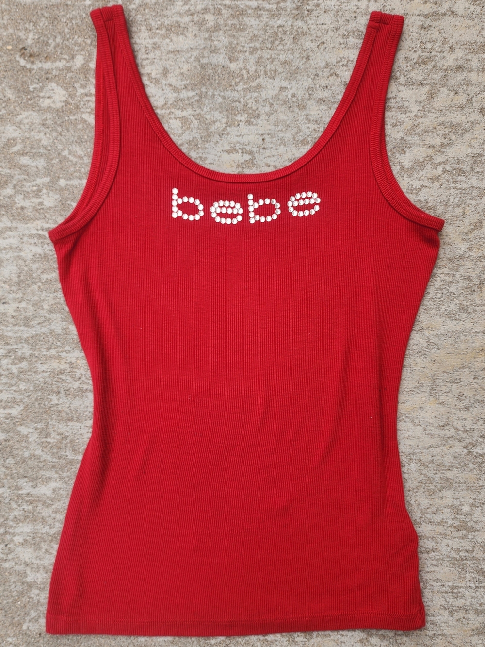 bebe Rhinestone Bling Logo Red Ribbed Scoop Tank Top, Womens L Y2K